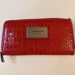 Liz Claiborne Women's Red Croc-Textured Faux Leather‎ Zip Around Wallet Clutch